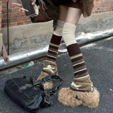 Vevesc Japanese Striped Brown Star Leg Warmers Knitted Double-sided Woolen Stocking Flared Y2K Leg Cover Jk Winter Stocking Stockings