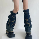 Vevesc Punk Gothic Cross Denim Leg Warmers Harajuku Boot Cuffs Sock Y2K Star Strap Leg Covers Personalized Calf Socks Y2k Accessories