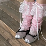 Vevesc Japanese JK Lolita Girls Bow Streamer Leg Socks Knitted Lace Leg Cover Pile Socks Japanese Y2K Leg Warmers Accessories