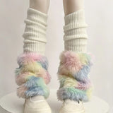 Vevesc Cute Colorful Rainbow Leg Warmer Plush Imitation Fur Japanese Women Knitted Over Knee Tube  Winter Warm Long Leg Cover Socks