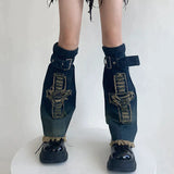 Vevesc Punk Gothic Cross Denim Leg Warmers Harajuku Boot Cuffs Sock Y2K Star Strap Leg Covers Personalized Calf Socks Y2k Accessories