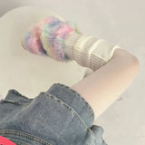 Vevesc Cute Colorful Rainbow Leg Warmer Plush Imitation Fur Japanese Women Knitted Over Knee Tube  Winter Warm Long Leg Cover Socks