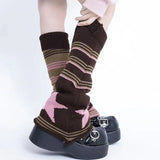 Vevesc Japanese Striped Brown Star Leg Warmers Knitted Double-sided Woolen Stocking Flared Y2K Leg Cover Jk Winter Stocking Stockings