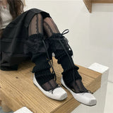 Vevesc Japanese JK Lolita Girls Bow Streamer Leg Socks Knitted Lace Leg Cover Pile Socks Japanese Y2K Leg Warmers Accessories