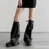 Vevesc Punk Metal Buckle Leg Cover PU Dark Black Hot Leg Gothic Warmer Women Men Rock Punk Harajuku Long Cable Knee High Boots Socks