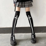 Vevesc Cross Stockings Cosplay Black Women Punk Harajuku Dark Gothic Y2K Festival Party Hosiery Long Socks Knee Lolita Girls High Socks