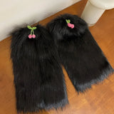 Vevesc Women Cherry Fur Faux Leg Warmers Kawaii Lolita Leggings Boots Stocking Y2k Girls Boot Cover Harajuku Fur Foot Warming Cover