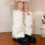 Vevesc Kawaii Fur Faux Leg Warmers Cherry Lolita Japanese Women Leggings Boots Covers Y2k Girls Harajuku Fur Foot Warming New Year Gift