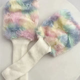 Vevesc Cute Colorful Rainbow Leg Warmer Plush Imitation Fur Japanese Women Knitted Over Knee Tube  Winter Warm Long Leg Cover Socks