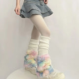 Vevesc Cute Colorful Rainbow Leg Warmer Plush Imitation Fur Japanese Women Knitted Over Knee Tube  Winter Warm Long Leg Cover Socks