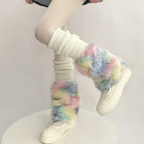 Vevesc Cute Colorful Rainbow Leg Warmer Plush Imitation Fur Japanese Women Knitted Over Knee Tube  Winter Warm Long Leg Cover Socks