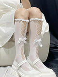 Vevesc 1 pair of Lolita calf socks with bow tie and cross tie wooden ear lace stockings JK girls' bow princess stockings