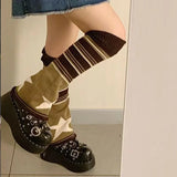 Vevesc Japanese Striped Brown Star Leg Warmers Knitted Double-sided Woolen Stocking Flared Y2K Leg Cover Jk Winter Stocking Stockings