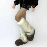 Vevesc Thickened Imitation Fur Leg Warmers White Gray Y2k Winter Warm JK Furry Boots Socks Gothic Punk Jk Knee-length Hiphop Stockings