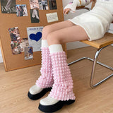 Vevesc Pink Girl Leg Warmers Y2k Cream Puff Straps Pile Socks Vintage Cloud Wide Harajuku Knitted Leg Cover Japanese Accessories
