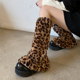 Vevesc Sexy Leopard Print Fur Leg Warmers Y2K Socks Thigh High Socks Harajuku Boot Cuffs Socks Zebra Lolita Socks Thigh Garter Socks