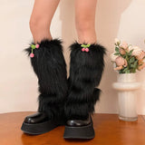 Vevesc Kawaii Fur Faux Leg Warmers Cherry Lolita Japanese Women Leggings Boots Covers Y2k Girls Harajuku Fur Foot Warming New Year Gift