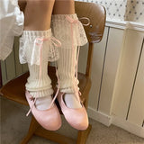 Vevesc Japanese JK Lolita Girls Bow Streamer Leg Socks Knitted Lace Leg Cover Pile Socks Japanese Y2K Leg Warmers Accessories