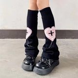 Vevesc Punk Leg Warmers Pink Love Cross Knitted Socks Double Sided AB Leg Socks Harajuku Y2K Gothic Hot Girl Women Wide JK Accessories